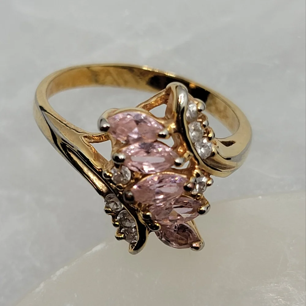 Vintage Bypass Marquise Pink Gem Simulated Diamond Gold Tone Ring - Picture 4 of 10